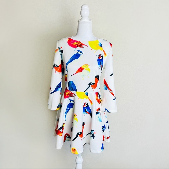 NWT White Peplum Drop Waist Multicolor Bird Print Scuba Mini Dress - Picture 1 of 10